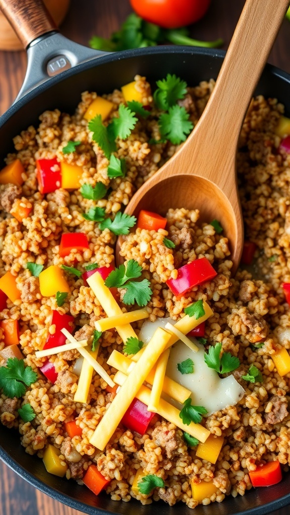 A skillet of quinoa and ground beef with bell peppers and onions, garnished with cilantro and cheese.
